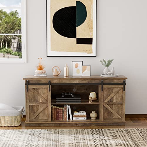 ZPK Farmhouse TV Stand for 65 Inch TV, Modern Television Stands Mid Century Media Entertainment Center with Sliding Barn Doors and Storage Cabinets, Console Table for Living Room, Bedroom (Rustic Oak)