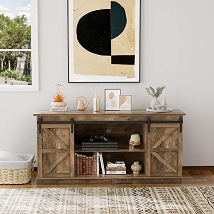 ZPK Farmhouse TV Stand for 65 Inch TV, Modern Television Stands Mid Century Media Entertainment Center with Sliding Barn Doors and Storage Cabinets, Console Table for Living Room, Bedroom (Rustic Oak)