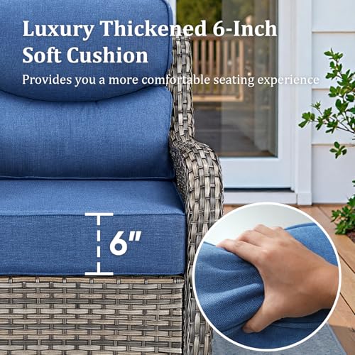 Luxury High Back Patio Furniture Set with 6-Inch Thick Cushions, 6-Pieces Outdoor Furniture with Swivel Chairs &Side Table, Wicker Conversation Set for Porch, Balcony, Deck and Yard, Grey/Blue