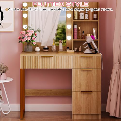 34in Fluted Makeup Vanity Desk with Mirror & Lights & Power Outlet, Small Vanity Table w/ 4 Drawers & 2 Storage Shelves,Oak Modern Dressing Table Set Charging Station for Bedroom