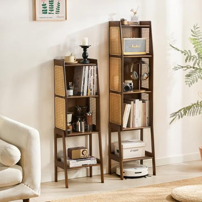Bamboo Rattan Bookcase with Cabinet, 3-Tier Storage Shelf with Side Table & End Table Function, Large Modern Wood Organizer for Living Room or Bedroom, Walnut Bookshelf
