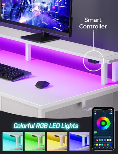 Computer Desk with Power Outlets & LED Light, 55 inch Home Office Desk with 5 Drawers, Writing Desk with Monitor Stand, Work Desk for Home Office, White