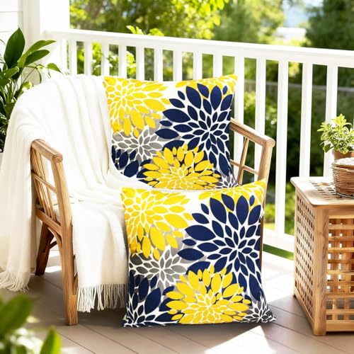 Decorative Throw Pillow Covers Set of 2 Blue Yellow Pillow Covers 18x18 Inch Couch Pillow Covers for Sofa Living Room Outdoor Throw Pillow Cover Linen Floral Flower Farmhouse Pillowcase