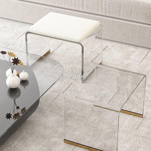 Clear Acrylic Vanity Stool with Sherpa Cushion,Modern Acrylic Side Table,Multifunctional Ottoman Foot Rest Or Makeup Room, Living Room, Bedroom Furniture(16.1" W x 11.4" D x 17.7" H, White B)