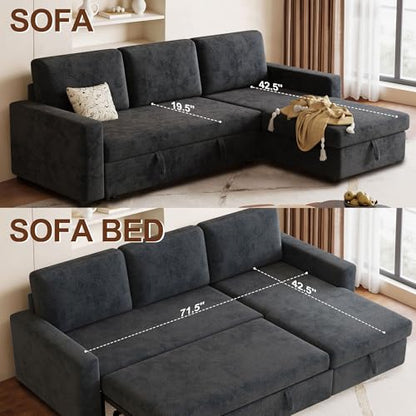 81" Convertible L-Shaped Pull Out Sectional Sleeper Sofa Bed, Dark Gray | Storage Chaise, Pull Out Sectional Couch, Removable Cushions, Chenille Fabric, For Small Apartment & Living Room