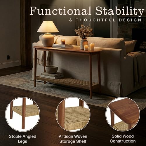 Calais Solid Wood Console Table with Woven Storage Shelf, Chestnut, 48 Inch | 2-Tier Narrow Sofa Table, Mid Century Modern Entryway Table for Living Room, Behind the Couch, Hallway, or Foyer by Alaterre