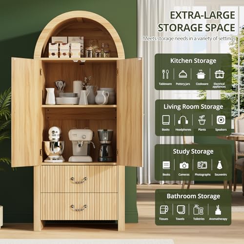71" Arched Storage Cabinet with Fluted Doors, Tall Wood Pantry Cabinet with Drawers & Adjustable Shelves, Modern Coffee Bar Cabinet, Natural Oak