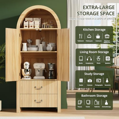 71" Arched Storage Cabinet with Fluted Doors, Tall Wood Pantry Cabinet with Drawers & Adjustable Shelves, Modern Coffee Bar Cabinet, Natural Oak