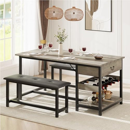 Dining Table Set for 4 with Storage Drawers & Wine Rack, Kitchen Table and Upholstered Benches for Small Spaces, Gray