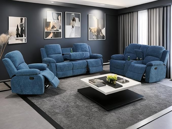 Modern Recliner Sofa Couch Set, 80" Wide, Blue, Vegan Leather/Fabric, 6-Seater, Sectional, Reclining, Easy Assembly