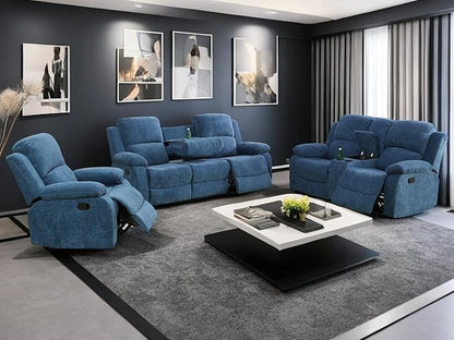 Modern Recliner Sofa Couch Set, 80" Wide, Blue, Vegan Leather/Fabric, 6-Seater, Sectional, Reclining, Easy Assembly