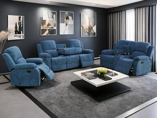 Modern Recliner Sofa Couch Set, 80" Wide, Blue, Vegan Leather/Fabric, 6-Seater, Sectional, Reclining, Easy Assembly
