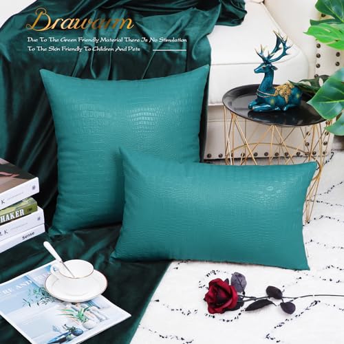 Faux Leather Pillow Covers 18 X 18 Inches, Teal Leather Pillow Covers Pack of 2, Crocodile Leather Decorative Throw Pillows for Living Room Couch Bed Sofa Home