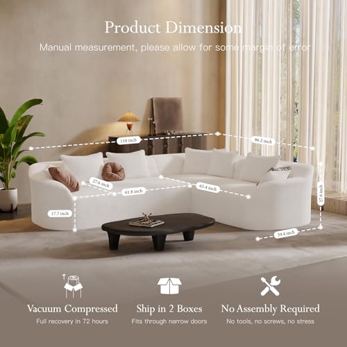 110'' Luxury Modern Curved Sectional Sofa, Oversized Chenille Cloud Couch for Living Room, Comfy Luxury L-Shaped Boneless Sofa with Extra Deep Seat, Tool-Free Assembly, Snow White