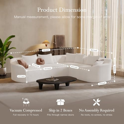 110'' Luxury Modern Curved Sectional Sofa, Oversized Chenille Cloud Couch for Living Room, Comfy Luxury L-Shaped Boneless Sofa with Extra Deep Seat, Tool-Free Assembly, Snow White