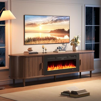70" Mid Century Modern TV Stand with Fireplace, Fluted Fireplace TV Stand, view 2