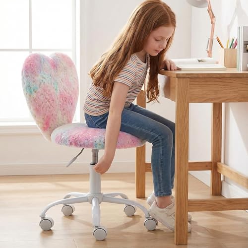 Kids Desk Chair Faux Fur Study Chair for Teenage Girls, Adjustable Heart Shaped Kids Vanity Chair for Bedroom Reading Living Room, Small Cute Student Task Chair with White Foot, Colorful