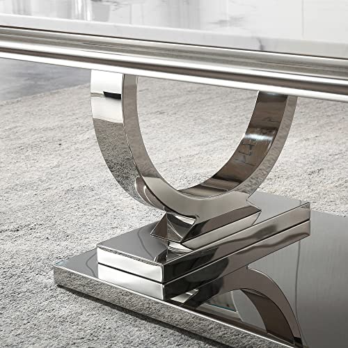 Modern Marble Coffee Table, Rectangular White and Silver with U-Shape Stainless Steel Base with Silver Mirrored Finish for Living Room, Simple Assembly (Silver3)