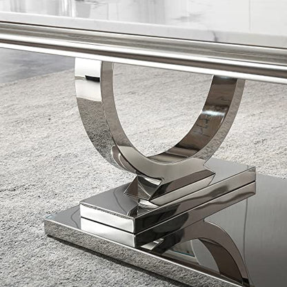 Modern Marble Coffee Table, Rectangular White and Silver with U-Shape Stainless Steel Base with Silver Mirrored Finish for Living Room, Simple Assembly (Silver3)