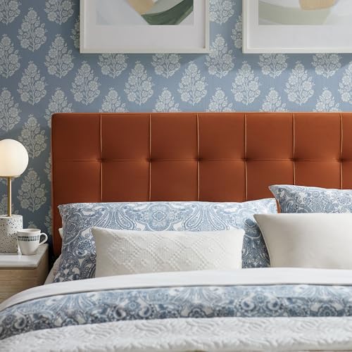 Lily Performance Velvet Full Size Headboard with Biscuit Tufting in Rust - Stain-Resistant Upholstery with Padded Design and 5 Height-Adjustable Mounts
