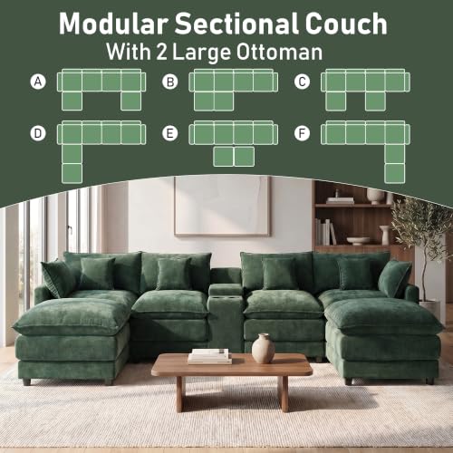 145" Oversized Modular Sectional Sofa U Shaped Cloud Couch Modern 6 Seat Sofa Set for Living Room Comfy Chenille Deep Seat with Storage Central Console, Movable Ottomans, Cup Holders, USB Ports, Green