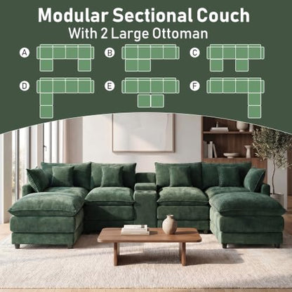 145" Oversized Modular Sectional Sofa U Shaped Cloud Couch Modern 6 Seat Sofa Set for Living Room Comfy Chenille Deep Seat with Storage Central Console, Movable Ottomans, Cup Holders, USB Ports, Green