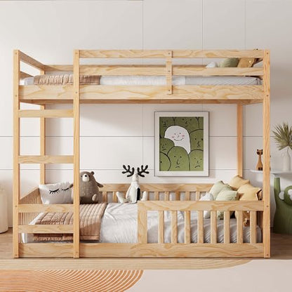 JIVOIT Full Over Full Bunk Bed, Solid Wood Bunk Bed Frame with Ladder and Guardrails, Wood Slats Support, No Box Spring Needed (Natural/ 4)
