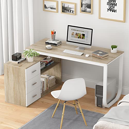 Home Office Computer Desk Corner Desk with 3 Drawers and 2 Shelves, 54 Inch Large L-Shaped Study Writing Table with Storage Cabinet - Walnut and White