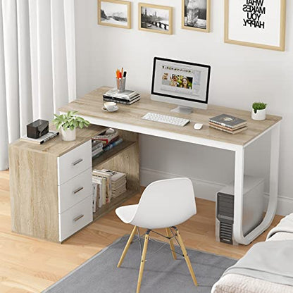 Home Office Computer Desk Corner Desk with 3 Drawers and 2 Shelves, 54 Inch Large L-Shaped Study Writing Table with Storage Cabinet - Walnut and White