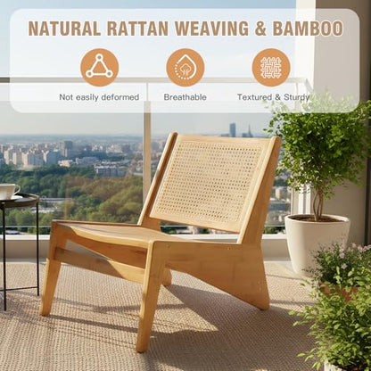 Mid Century Rattan Accent Chair, Bamboo Wood Lounge Chair with Woven Cane Backrest, Low Armchair for Living Room, Bedroom, Balcony or Reading Corner, Natural