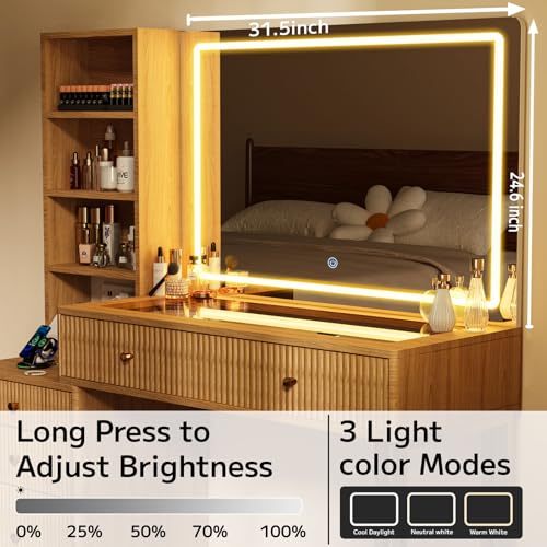 44” Fluted Vanity Desk with 32” Lighted Mirror & Power Outlet, view 5