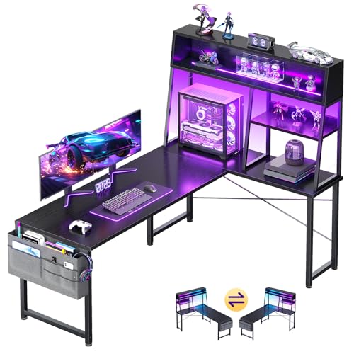 59 Inch L Shaped Gaming Desk with Display Shelves, LED Lights, Black, view 2