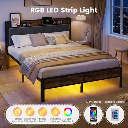 Queen Metal Bed Frame with LED Lights and Storage, view 5