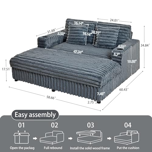 60.43'' Oversized Chaise Lounge Chair Indoor, Grey, view 3