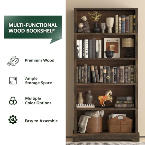 5 Tiers Wooden Bookshelf, 65.2" Tall Farmhouse Style Open Bookcase, view 4