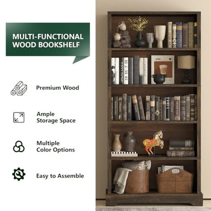 5 Tiers Wooden Bookshelf, 65.2" Tall Farmhouse Style Open Bookcase, view 4