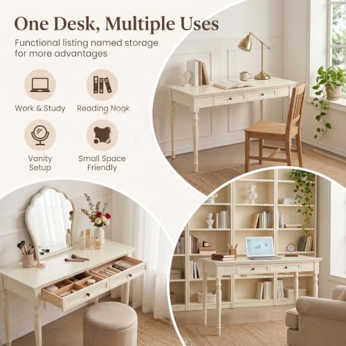 47” Solid Wood Writing Desk with Drawers, White, view 7