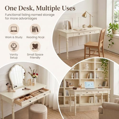 47” Solid Wood Writing Desk with Drawers, White, view 7
