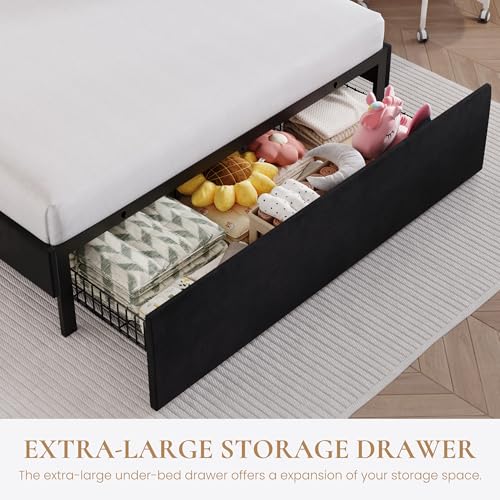Full Size Bed Frame with LED Lights and Storage Drawer, Black, view 5