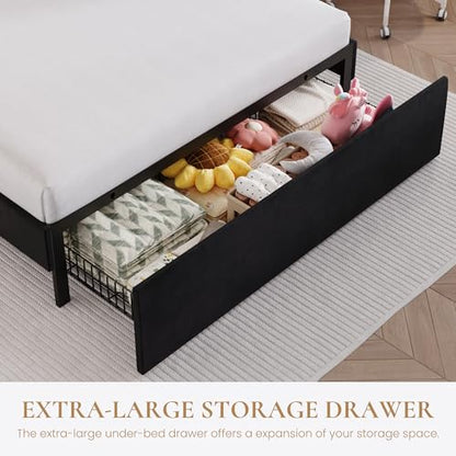 Full Size Bed Frame with LED Lights and Storage Drawer, Black, view 5