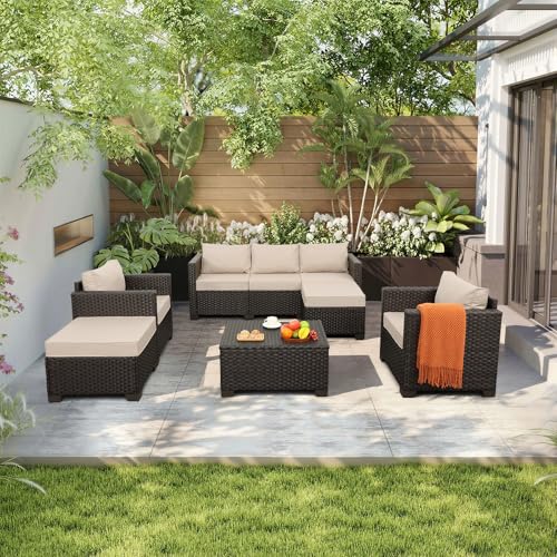 6 Pieces Patio Outdoor Furniture Outdoor Conversation Sets Wicker Sofa Set with Outdoor Couch Patio Chairs Storage Coffee Table Khaki Cushions Waterproof Covers