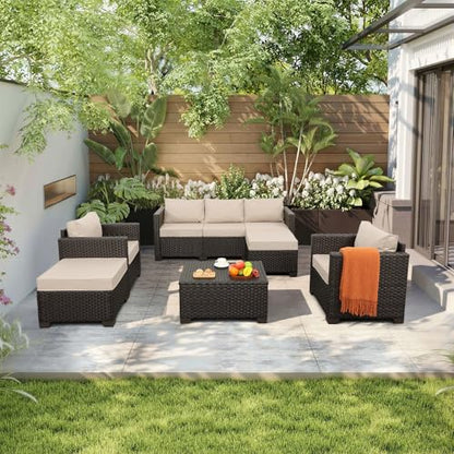 6 Pieces Patio Outdoor Furniture Outdoor Conversation Sets Wicker Sofa Set with Outdoor Couch Patio Chairs Storage Coffee Table Khaki Cushions Waterproof Covers