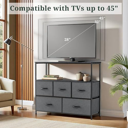 TV Stand, 5 Fabric Drawers Entertainment Center for TV up to 45 inch Wooden Media Console Table with Open Shelf, for Living Room, or Small Space, Gray