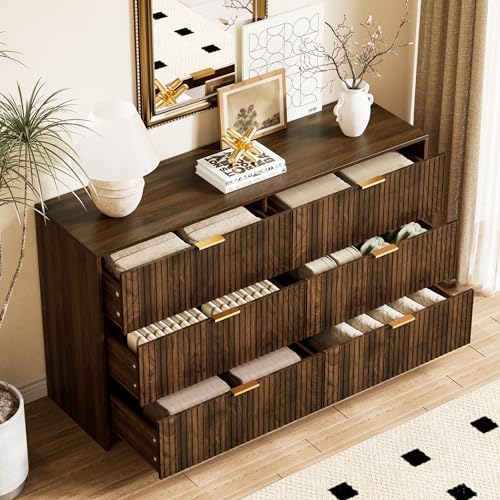 Walnut Dresser for Bedroom, Modern Dresser with 6 Drawers and Smooth Slides, view 5