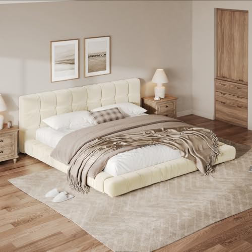 JIVOIT King Size Upholstered Platform Bed, Velvet Headboard Bed Base, Wood Slat (Beige-King-33)