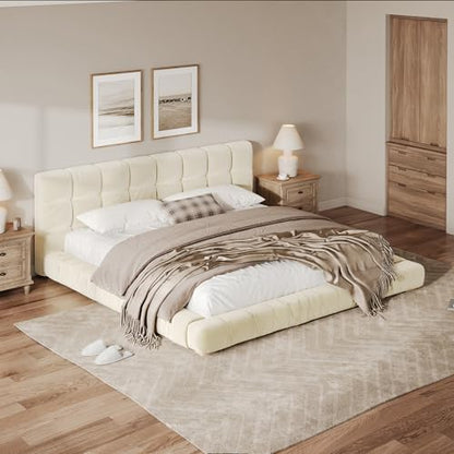 JIVOIT King Size Upholstered Platform Bed, Velvet Headboard Bed Base, Wood Slat (Beige-King-33)
