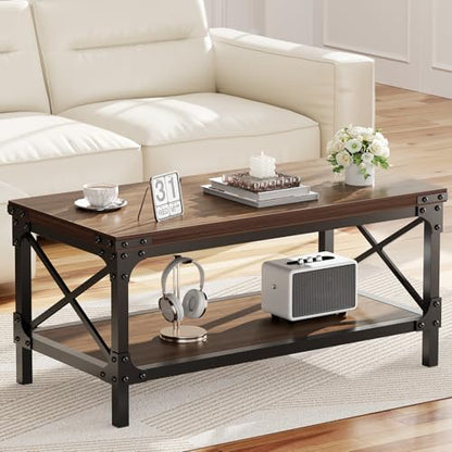 Rectangle Coffee Tables for Living Room, Wood Rectangular Coffee Table, 2 Tier Dark Brown Modern Center Table with Thickened Tabletop and Metal Frame, 40 inch Long (Walnut)