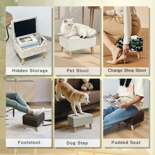Small Ottoman with Storage Foot Rest Foot Stool Beige | Padded Seat Pet Step for Dog Under Desk Stool for Living Room Bedroom Office Entryway