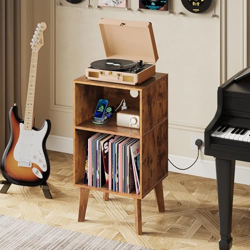 Record Player Stand with Charging Station Mid Century Tall Nightstand, view 3