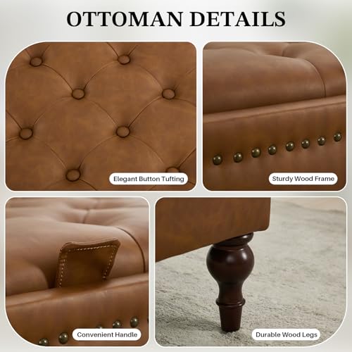Storage Ottoman Coffee Table, Large Ottoman with Storage Oversized Square Footstool with Anti-Slip Embedded Lid, Tufted Upholstered Ottomans for Living Room, Brown Faux Leather